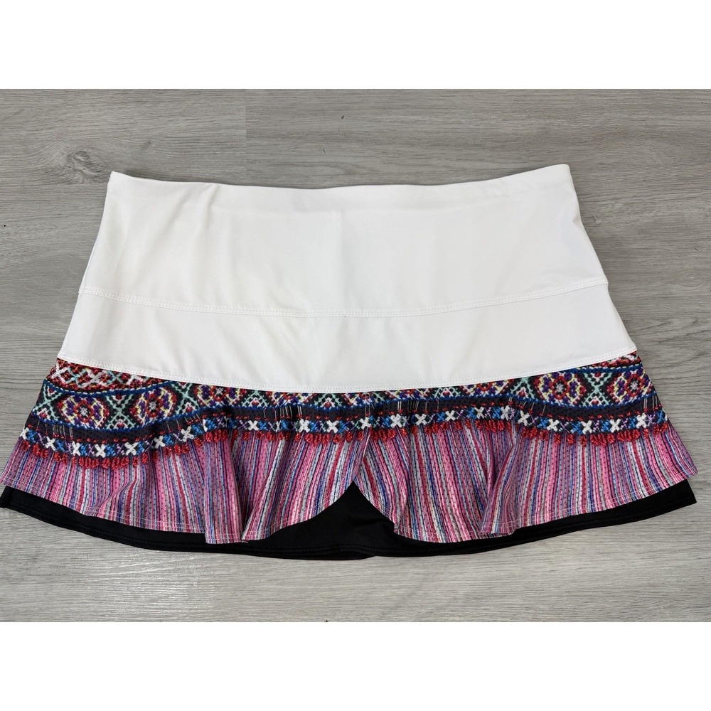 Lucky In Love Tennis Pickleball Skirt Skort XL White Pink Tribal Tiered Ruffle